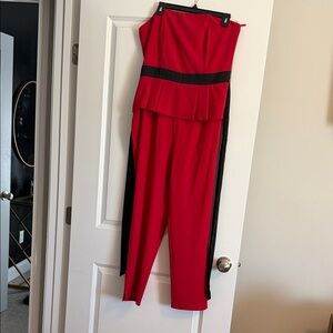 New York & Company Red and Black Strapless Jumpsuit